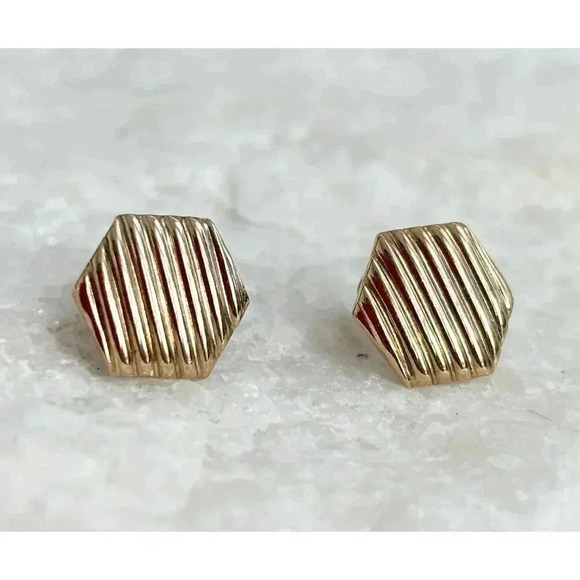 Dainty Tiny Gold Toned Hexagon Shaped Striped Textured Mini Stud Earrings - Picture 1 of 7